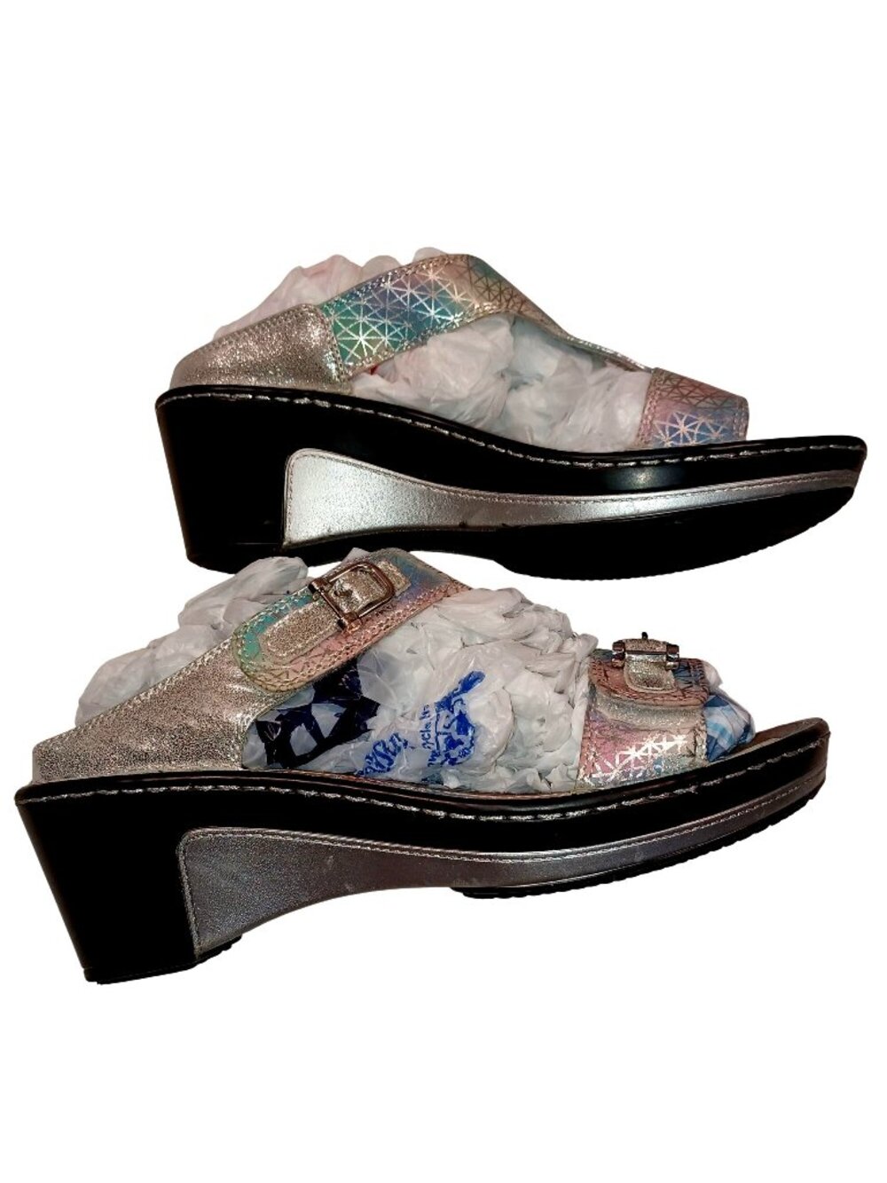 Alegria Lara Sandals Wedge Pretty Baby Metallic Silver Leather Comfort Women's 9